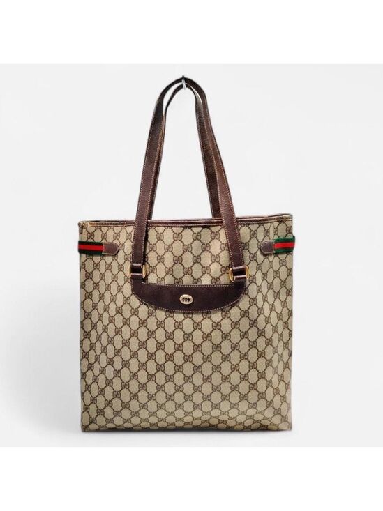 Gucci Handbags - Gucci Vintage GG Canvas Web Stripe Tote Bag Brown Monogram Authentic